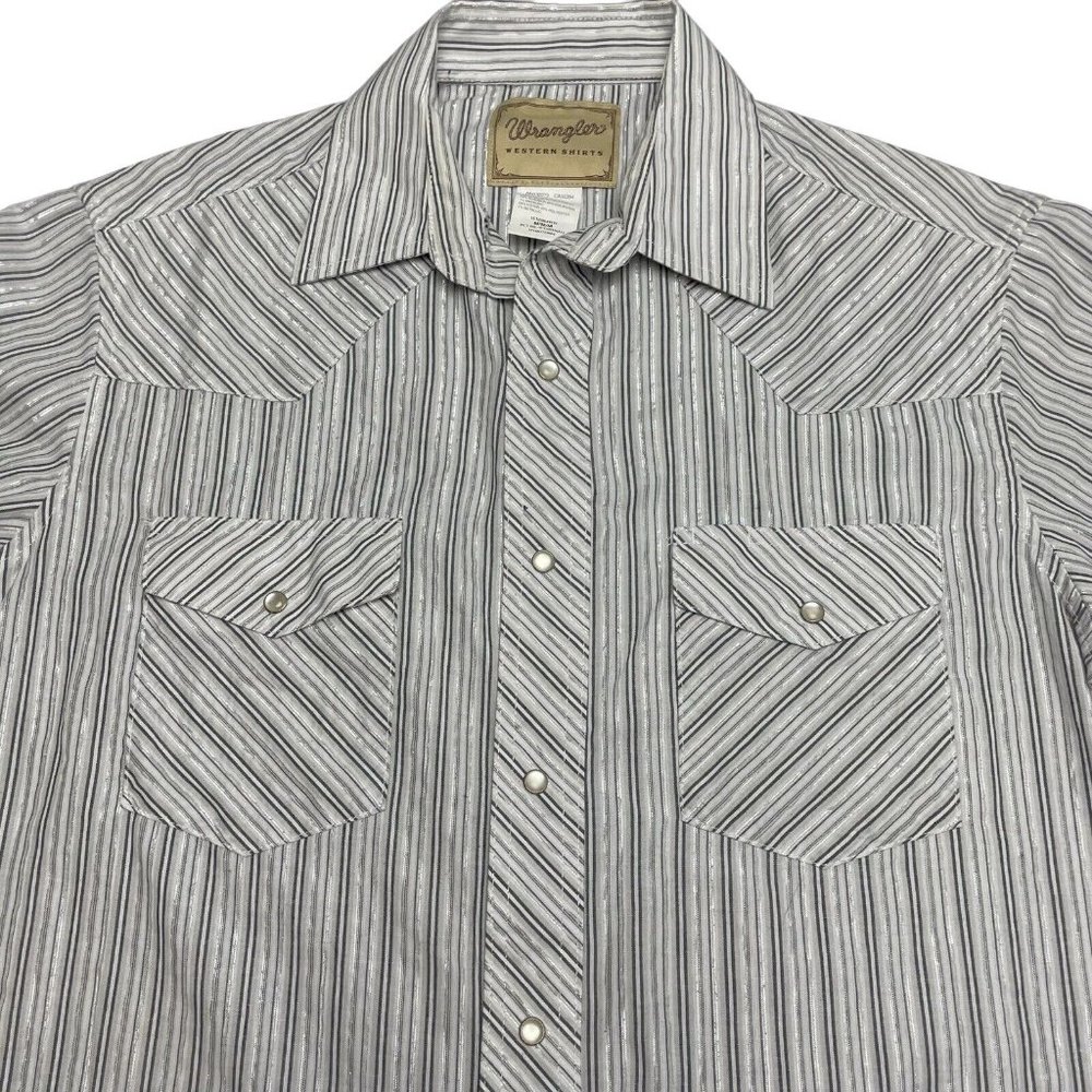Wrangler Wrancher Shirts Mens Shirt Medium Gray Striped Pearl Snaps Metallic
